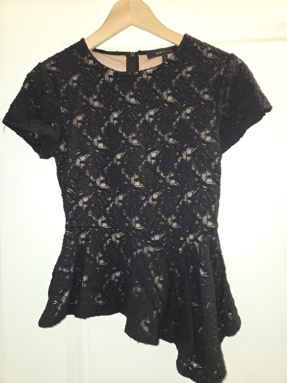 BCBGMaxAzria Black Lace Asymmetrical Peplum Blouse